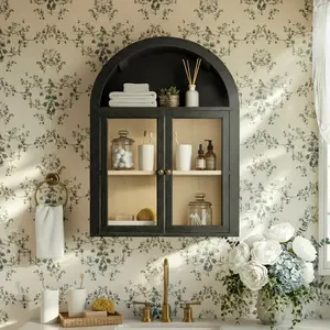 Wooden Arched Wall Mounted Medicine Cabinets with Tempered Glass Doors,Bathroom Cabinet with Adjustable Shelf for Kitchen,Living Room
