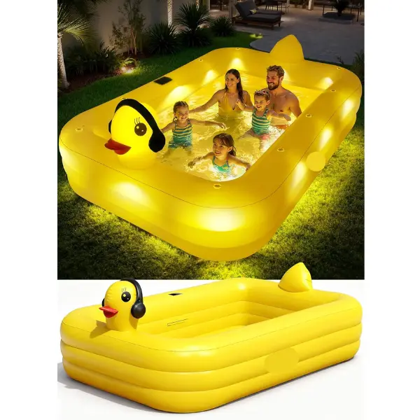 Inflatable Pool with LED Lights for Kids & Adults, Large Family Blow Up Swimming Pool, Durable Thickened Kiddie Pool for Backyard, Garden & Outdoor Summer Fun, 100 x 63 x 22 in