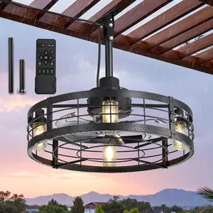 22" Outdoor Ceiling Fans with Light,  Gazebo Fan with  Hook, Plug in Ceiling Fan with Remote,Caged Ceiling Fan with 6 Speed Timer for Patio, Porch, Pergola, Black