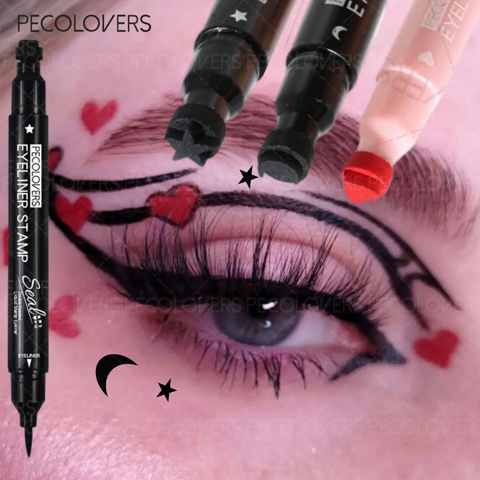 3PCS/Set Double Head Star Heart Liquid Eyeliner Pen Black Red Stamp Makeup Seal Eyeliner Pencil Waterproof Cosmetic