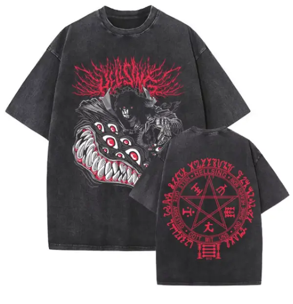 Washed Vintage Anime Hellsing Abraham Van Helsing Vampire Alucard Double Sided Print T-shirts Men's 90s Manga Oversized T Shirts