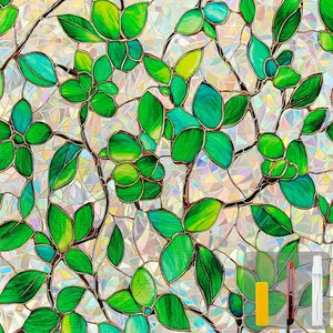 Greenery Leaf Window Privacy Film with Complete Installation Tools, Reusable Static Cling Decorative Glass Window Stickers, UV Blocking Rainbow Window Decals for Home Bedroom Living Room Decor, 17.5 x 78.7 in