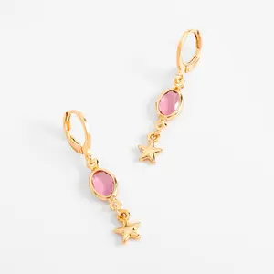 Nice&Bella Gold-Plated Dangle Earrings for Women - Female Chic Style Mode Fashion Earrings with Dangling Star, Bright Pink Touch Design