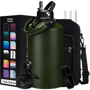 1 Gallon Insulated Water Bottle: Straw & Auto Chug Lid, Paracord Handle, 128oz, Metal Jug