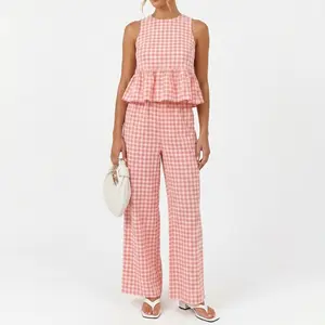 Women's Summer 2 Piece Outfits Gingham Plaid Peplum Sleeveless Top and Wide Leg Pant Sets Casual Vacation Tracksuit 100% Polyester Womenswear