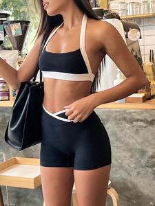 two-piece set women's crop top & high waist shorts, casual fashion cozy set for daily outdoor wear, ladies clothes for summer, athleisure style breathable clothes, gym outfit, sportswear