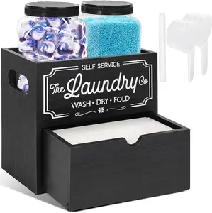 Dryer Sheet Container for Laundry Room Storage, Laundry Pods Container Include 2 Plastic Jars with Lids for Laundry Room Storage, Drying Ball and Laundry Detergent Dispenser, Rustic Wooden Laundry Room Organizer Boxes