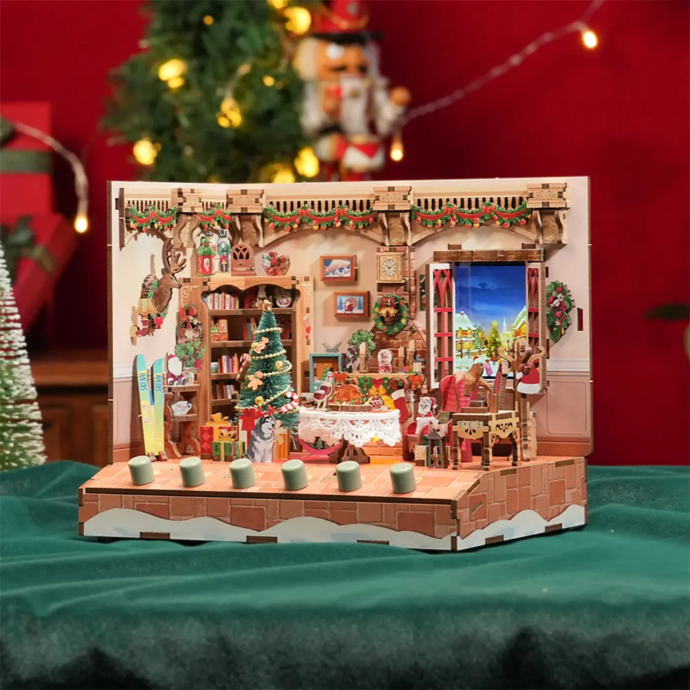 Tonecheer DIY Miniature House Kit, Wooden Dollhouse Kit with Music and White Noise,Tiny Diorama House Building Set with Electronic Screen Kit Creative Idea Gifts for Aduls (The Christmas Cottage)