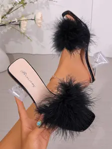 2026 new model for women: feathered decorations, transparent high heels, large sizes, comfortable, slip-resistant, square-toed with thick heels, one-piece sandals perfect for parties and dates. Available in black, pink, and white colors.