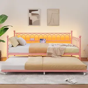 Garvee Twin Daybed with Trundle, Metal Trundle Bed with Charging Station & LED Lights, Sofa Bed Frame with 6 Locking Caster Wheels for Living Room, Guest Room, Apartment, Easily Assembly, Pink