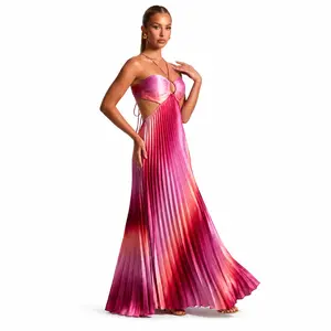 Women’s Pink Ombre Pleated Satin Maxi Dress, Halter Neck Cutout Backless Tie-Back Formal Wedding Guest Dress, Vacation & Party
