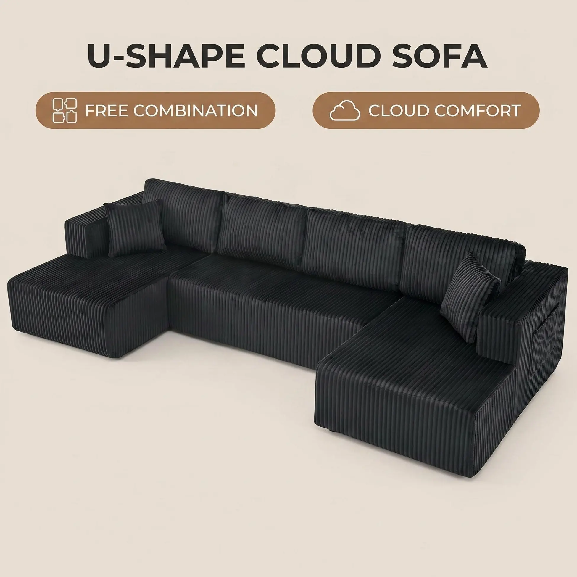 Compressed Sofa U Shaped Sectional Sofa  Modular Cloud Couch Memory Foam Sleeper Sofa Corduroy Living Room Sofa No Assembly Required with Side Pockets black