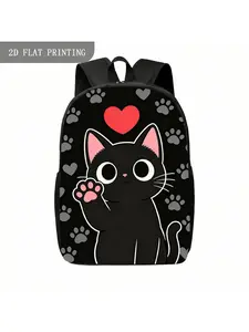 1pc Cute Black Cat with Red Heart And Paw Print Pattern Casual Style Backpack Large Suitable for Valentine'S Day And Back-To-School Gifts., for Teenager, For Teenager