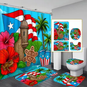 1/3/4PCS Puerto Rico Flag Shower Curtain Set, 71x71 Inches, Includes Background Pattern, Comes with 12 Hooks, 1/3/4pcs Options