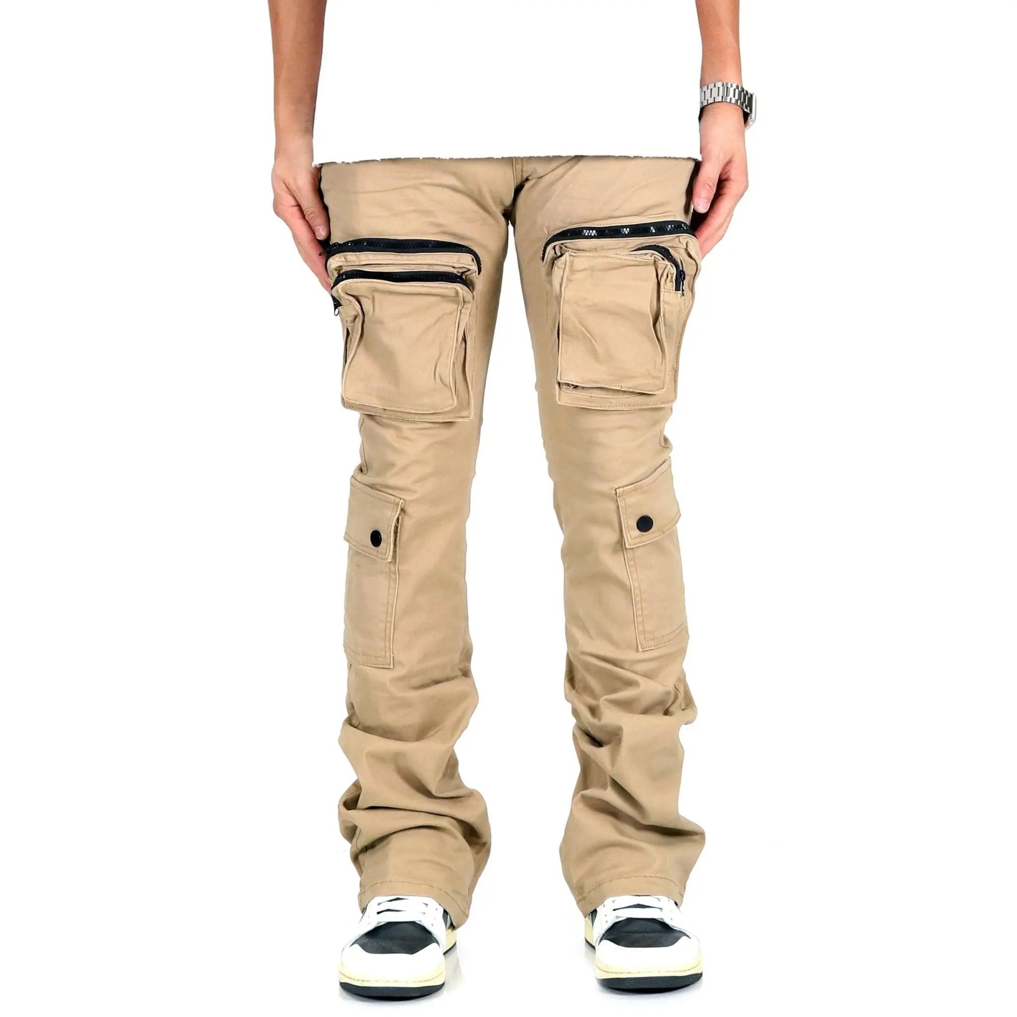 VENGE Men's premium twill khaki stacked cargo pants.