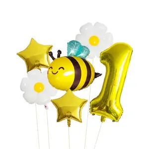7-Piece Bee & Daisy Balloon Set, Party, Includes 32-Inch Gold Number 1 & Two Gold Stars, Hawaiian Theme, Aluminum Foil, Sunflower