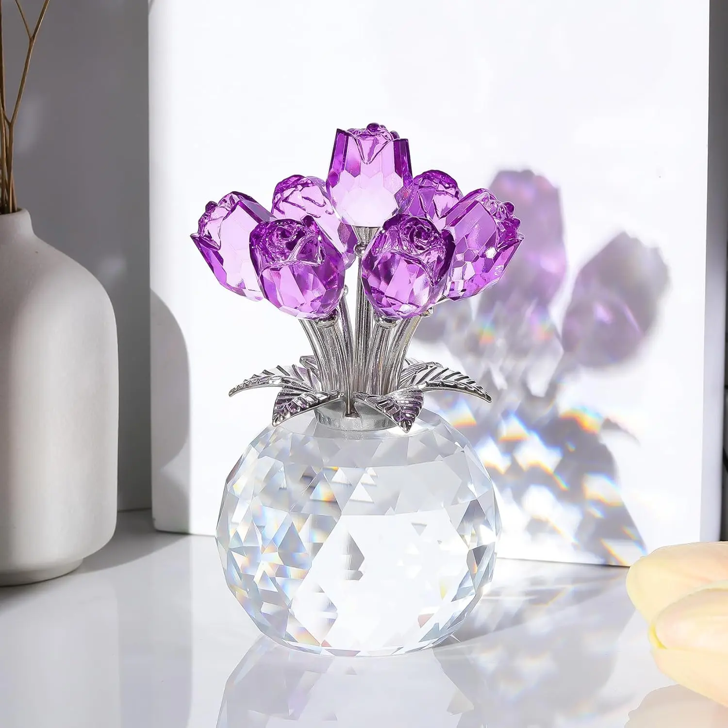 Handmade Purple Rose Glass Flower Statue Figurine with Vase - Office & Home Table Decor, Collectibles Gift for Women (Valentine's Day, Wedding Anniversary)