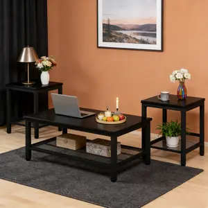 3 Piece Coffee Table Set with Storage Shelves for Living Room, Modern Industrial Style Coffee Table and 2 End Side Tables, Sturdy MDF Tabletop & Metal Frame, Adjustable Feet, Easy Assembly, Classic Black Home Furniture