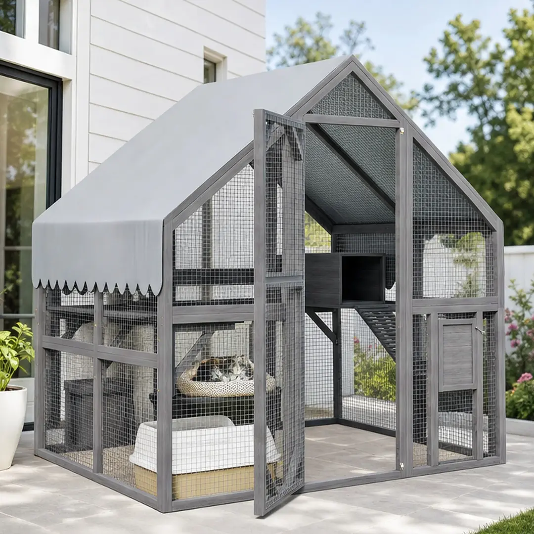 Large Outdoor Cat Enclosure for Multiple Cats Wooden Catio with 2 Platforms 2 Resting Box 1 Bridge Waterproof UV Proof Canopy Gray Solid Wood Feral Cat Shelter Safe Playpen 74x55x74 Inch, Gray Color Options, Metal/Solid Wood Material