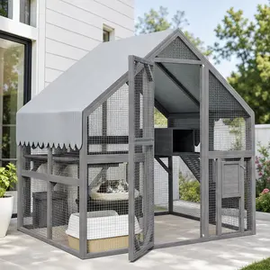 Large Outdoor Cat Enclosure for Multiple Cats Wooden Catio with 2 Platforms 2 Resting Box 1 Bridge Waterproof UV Proof Canopy Gray Solid Wood Feral Cat Shelter Safe Playpen 74x55x74 Inch, Gray Color Options, Metal/Solid Wood Material