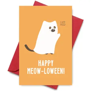 Spooky Hiss-tory Card - Sheet Ghost Cat with Peeking Paws & Playful 'HISS' Text, Bold 'HAPPY MEOW-LOWEEN!' Pun Typography on Warm Orange, Perfect for Halloween, Perfect Gift for Cat-Loving Pranksters