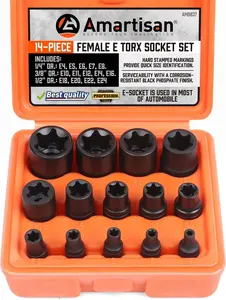14 Pc Female E-Torx Star Socket Set/Rail, 1/4" 3/8" 1/2" Drive, E24 External Torque Socket Set