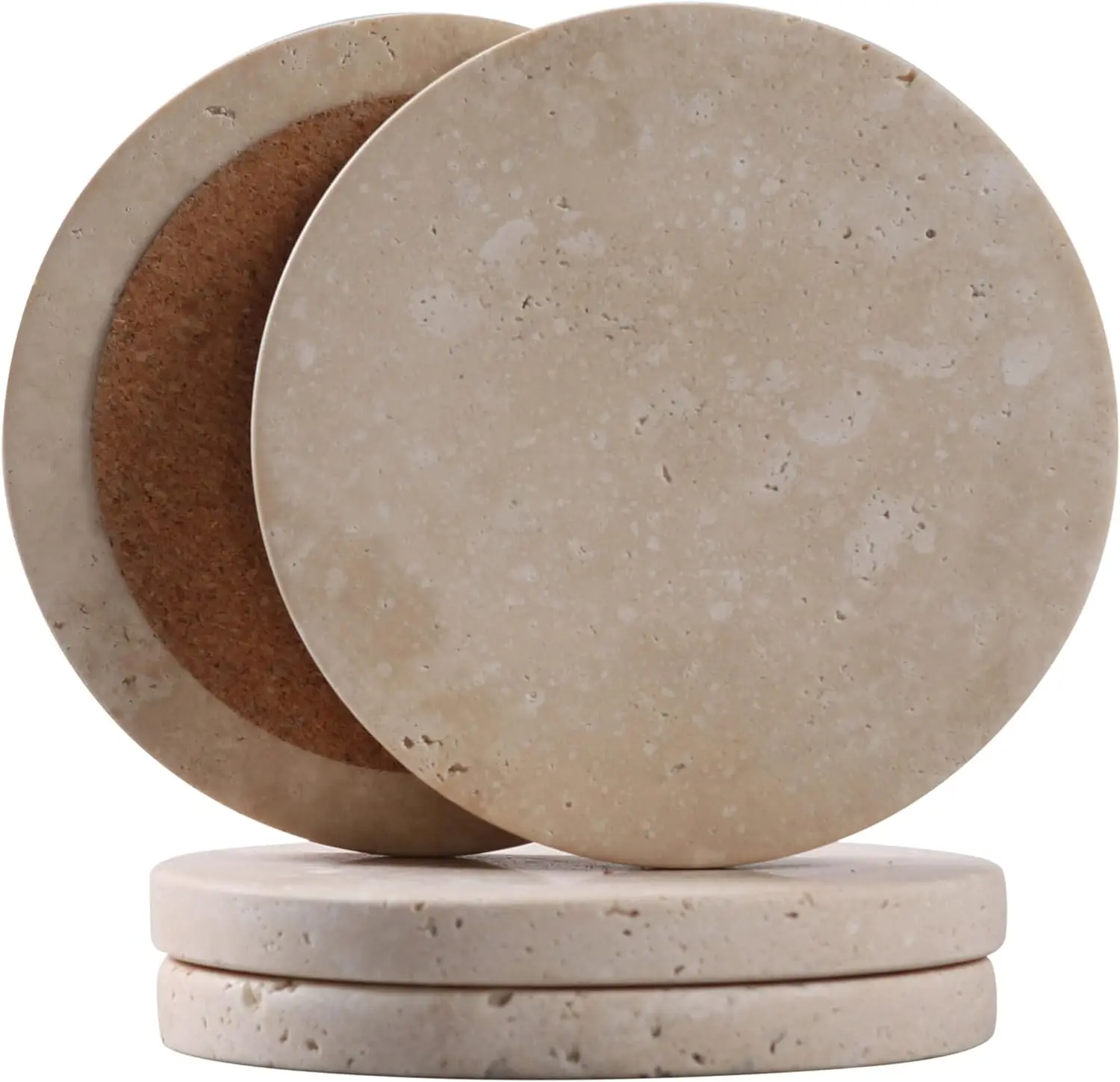 Natural Travertine Stone Circular Coasters Set of 4 (4" Diameter) with Soft Cork Backing - Rustic Volcanic Craters Design, Scratch Safe Tableware for Coffee Table, Dining Use, Housewarming Gift Unique Pieces
