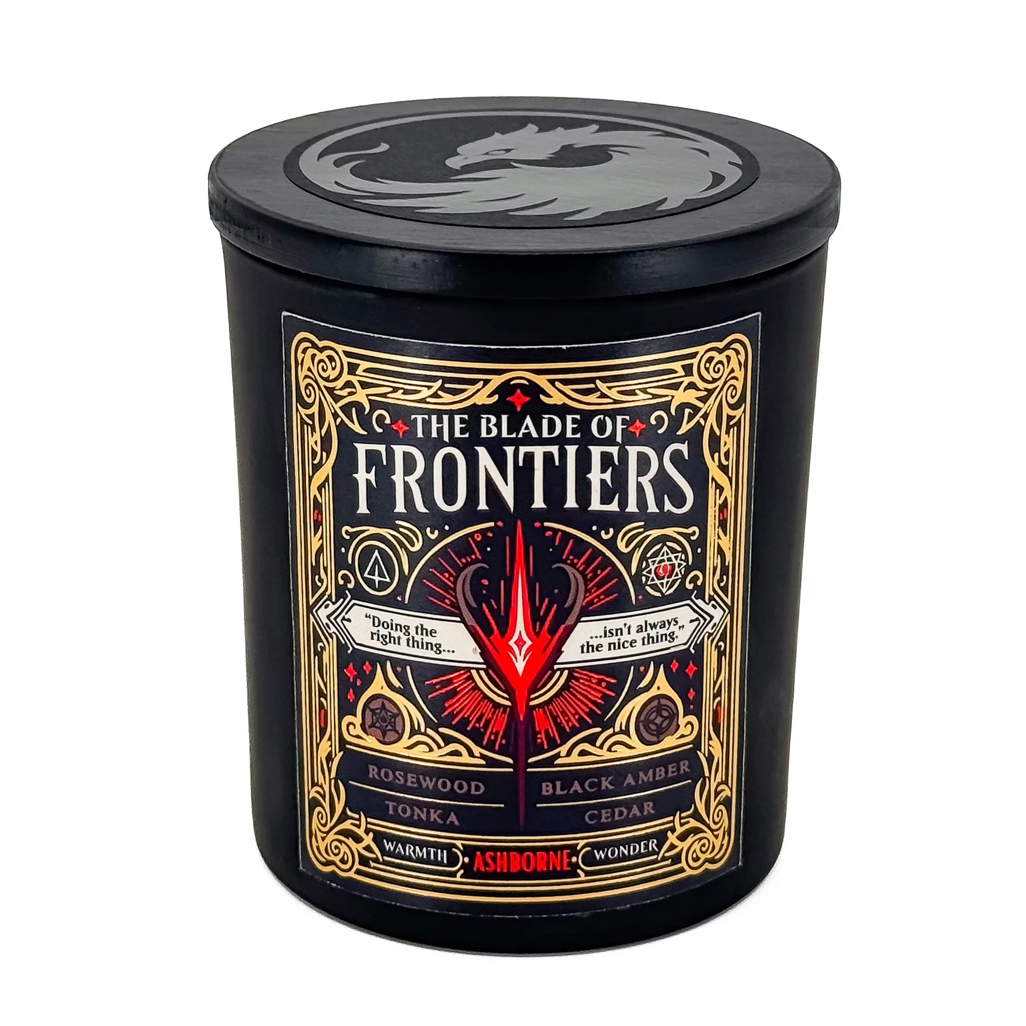 Blade Of Frontiers - 8oz Scented Candle - Rosewood, Black Amber, Tonka, Cedar - Natural Coconut Wax - 35 h Burn Time - Premium Foil Label