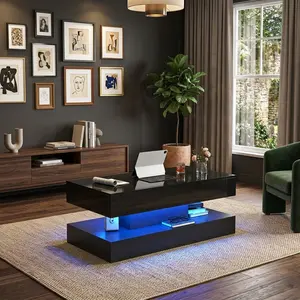 Black Rectangular Lift Top Coffee Table, High Gloss MDF Center Table With LED Light & Multi-port Charging Station, Hidden Storage Compartment Modern Living Room Furniture For Working Gaming Daily Use