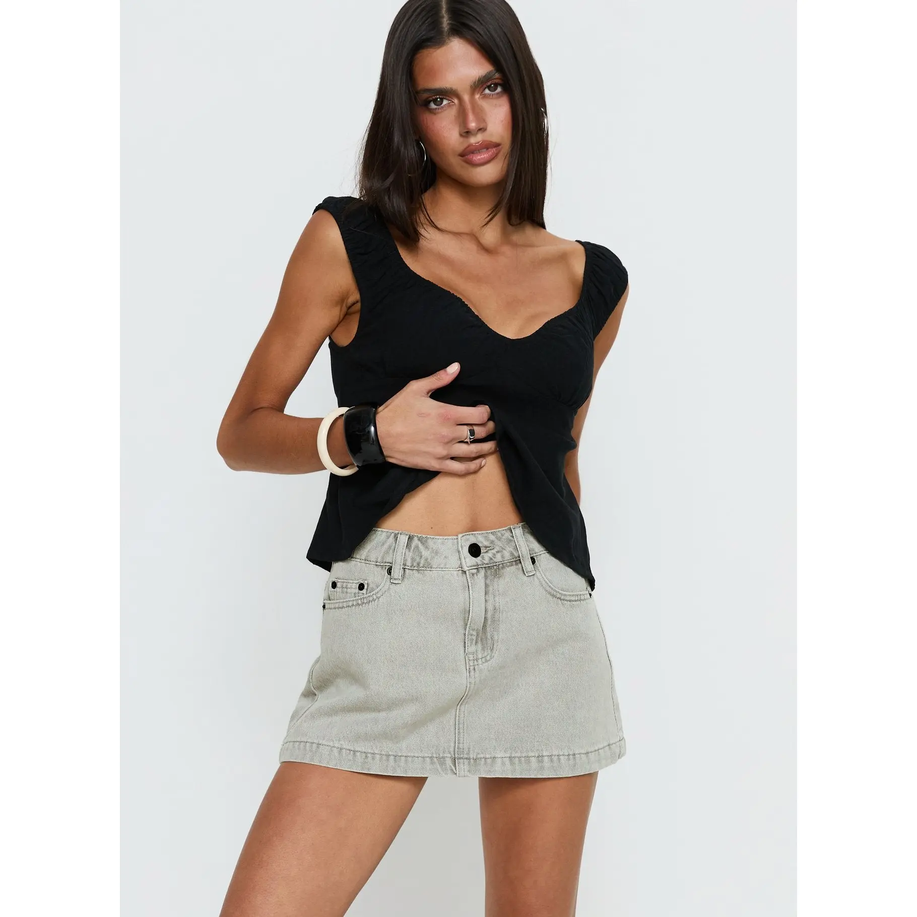 Nicolina Low Rise Denim Mini Skirt Washed Grey