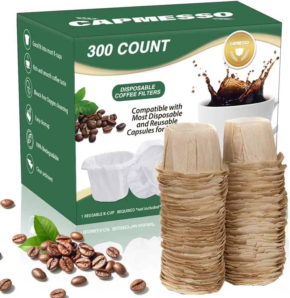 300 count CAPMESSO Disposable Coffee Paper Filters Replacement Kerig Filter Compatible with Reusable Single Serve Pods Keurig Coffee Maker-300 Count (Natural) coffeepod coffeepods