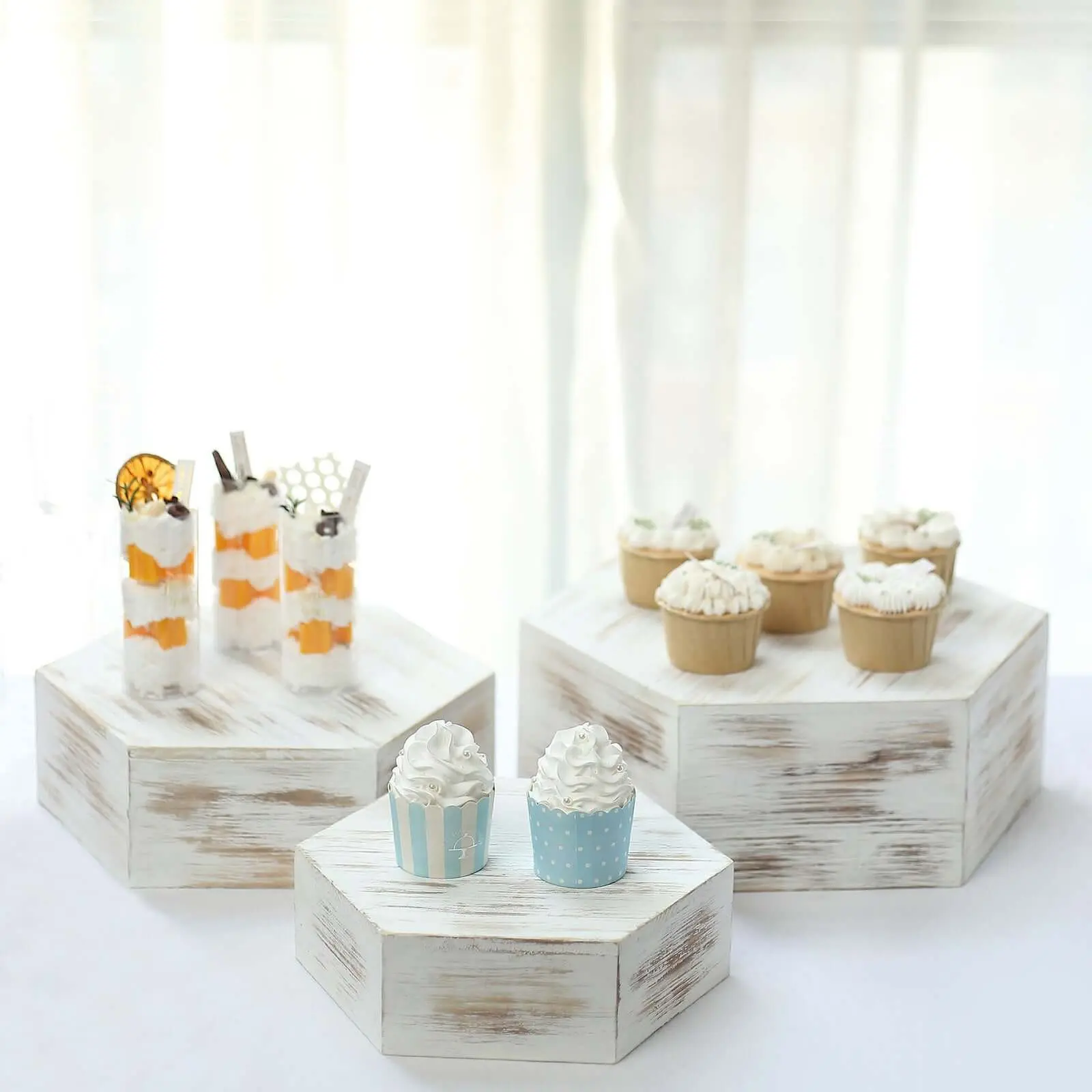 Wooden Dessert Display Boxes Set of 3 (9in, 11in, 13in) - Whitewashed Hexagonal, Stackable Riser for Food, Cake Decorating, Home Table, Retail Setting, Trade Show