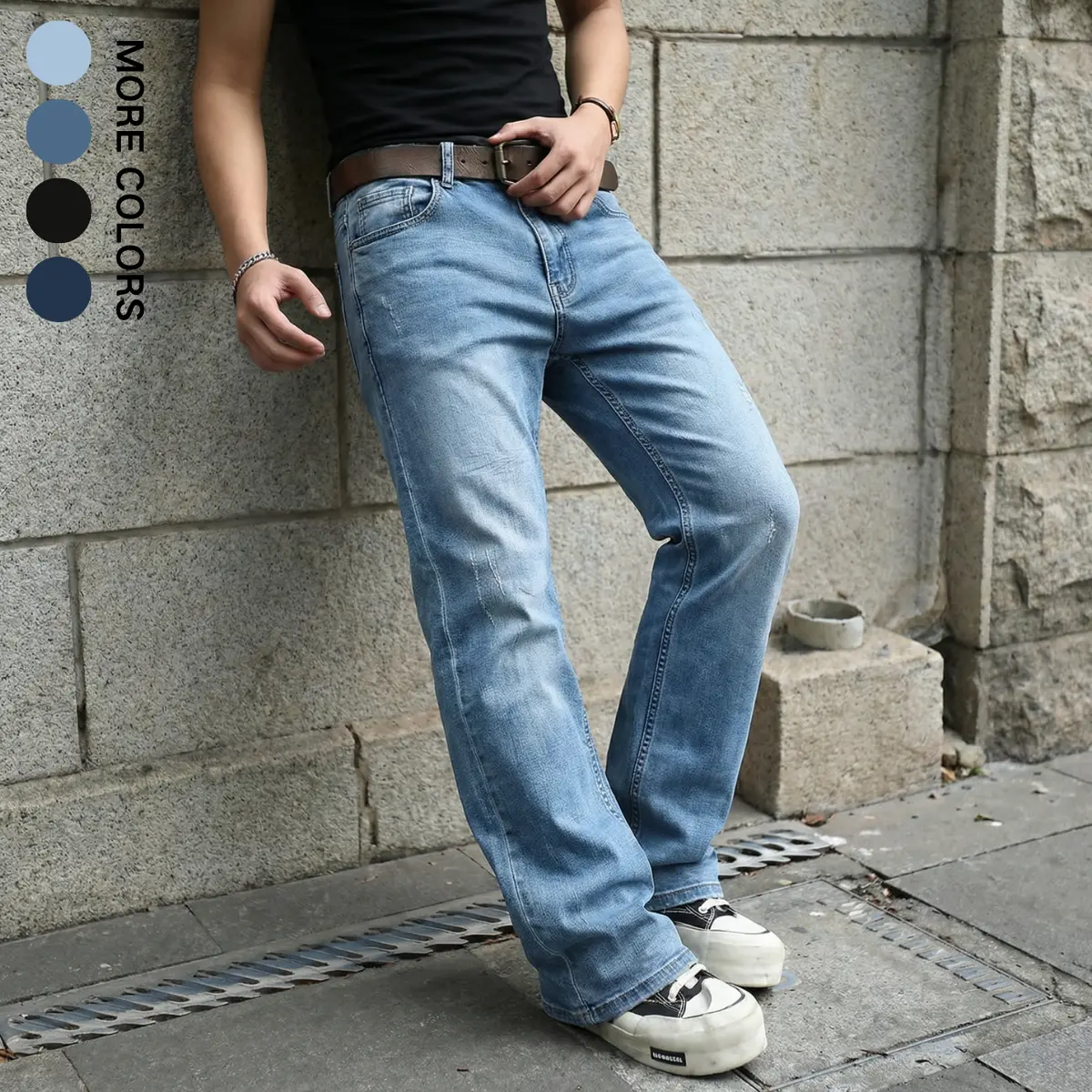 Men's Light Wash Denim Jeans - Slim-Fit, Long, Cotton-Poly Polyester Pants, Slim Fit Fashionable for Casual All-Seasons Wear, Light Wash Jeans, Stylish, Full Length, Classic, Menswear, Plain, Everyday Versatile