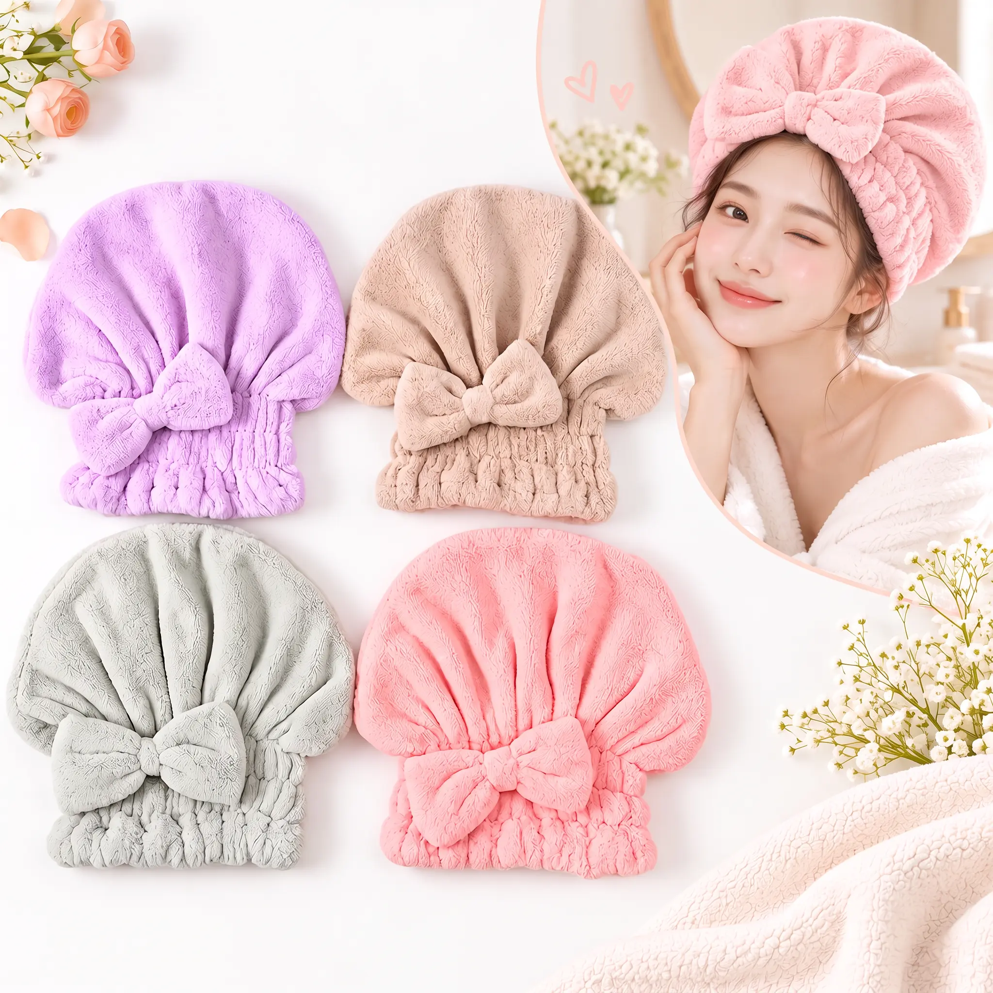 Women's 2-Pcs & 4-Pcs Soft Towel Hair Drying Cap & Cute Bow Decor Shower Cap Set, Soft Hair Wrap, Fast Drying, One Size, Korean Minimalist Style, Reusable Solid Color Bathroom Accessory for Camping, Morning Prep