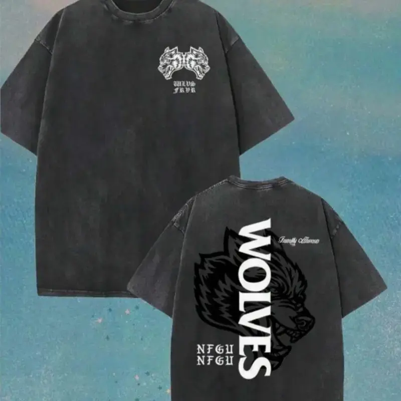 Men's Darc Sport Wolves Graphic T-Shirt - Vintage Washed Oversized Cotton Apparel, Breathable Shortsleeve Menswear, Crewneck Fabric for Gym Workout & Daily Urban Wear, Tshirt, Classic