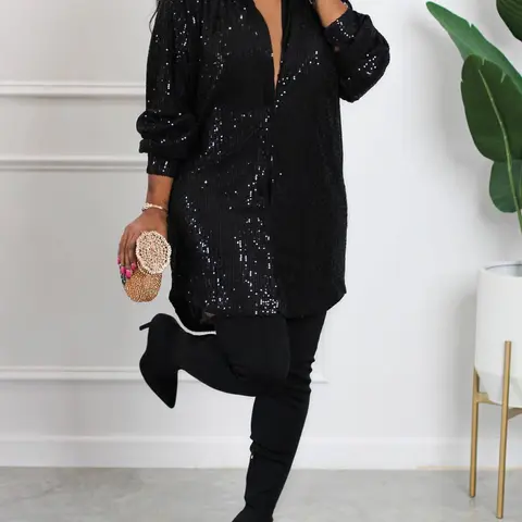 Women's Contrast Sequin Collared Shirt Dress, Elegant Long Sleeve Dress for Party Club Dating Wear, Ladies Clothes for Fall& Winter, Elegant Fashion Chic, Cocktail Evening Dress, Womenswear