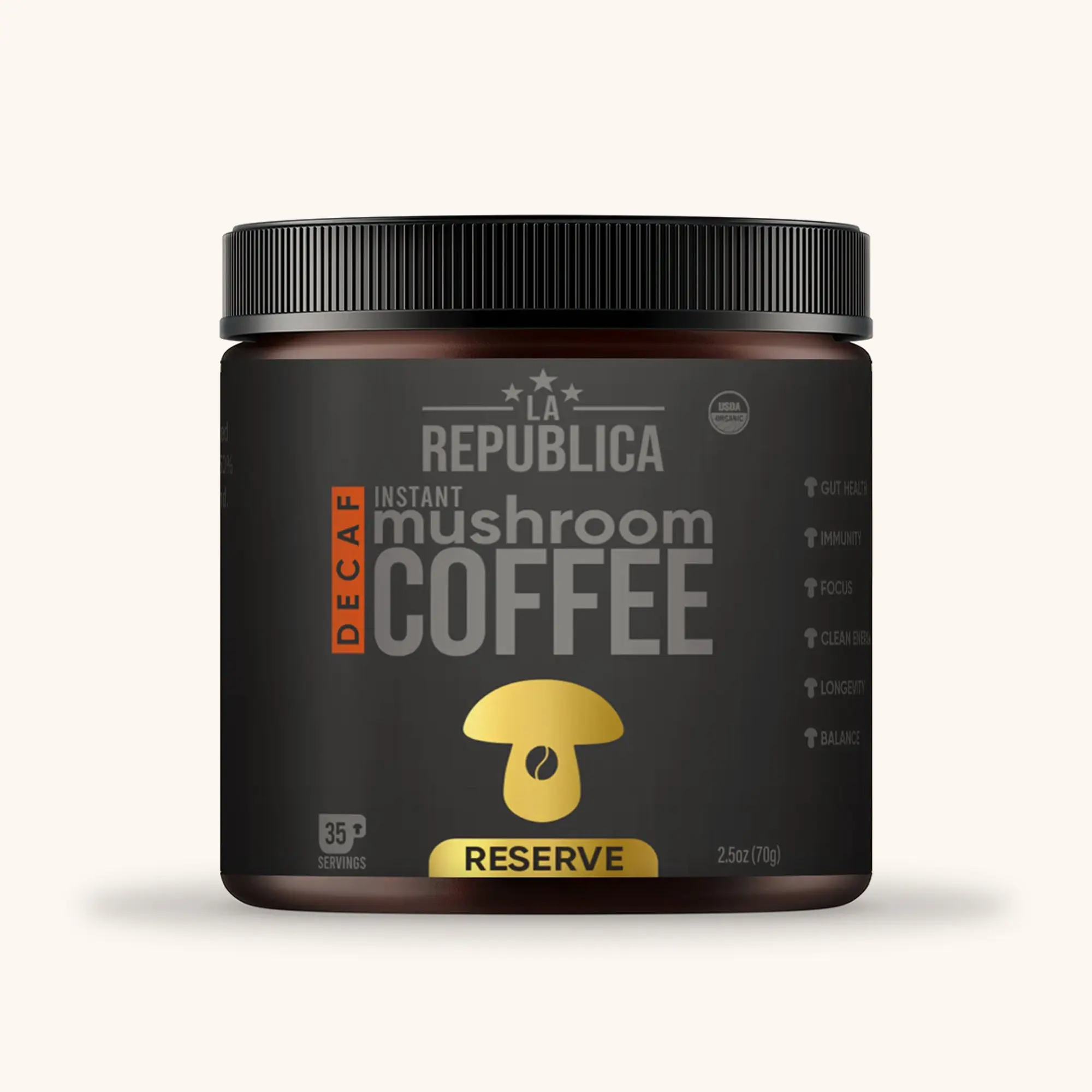 La Republica Founders Reserve Decaf Instant Mushroom Coffee Organic (35 Servings), Premium 50% More Shrooms, Rich Flavor Beverage