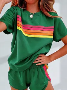 Tongudon Women's 2-Piece Casual Rainbow Stripe Loungewear - Short Sleeve T-Shirt & Breathable Spandex-Blend Athletic Shorts, Women's Clothing Workout & Matching Sets for Women 2 Piece