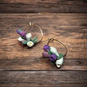 Gold Tulip Hoop Earrings with Purple and White Floral Accents for Women's Fashion