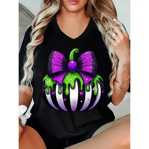 2025 New Women's V-Neck Short-Sleeve T-Shirt - Pumpkin & Bow Glitter Graphic Print, Stretchy Polyester-Spandex Blend, Lightweight 180gsm Casual Top for Spring/Summer, Halloween & Fall Festivals, Casual Wear Top | Fun Graphic Tee |