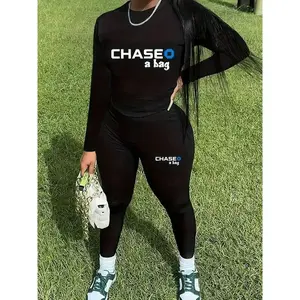 Two-Piece Chic Outfit - Crew Neck Long Sleeve Tee and Slim Fit Pants Set with Letter Print - Womens Fashion Clothing for Everyday Wear