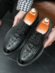 Men's Crocodile Pattern Lace-Up Derby Shoes, Vintage Fashion Business Formal Wedding Shoes, Stylish Alligator Print Dress Shoes for Men