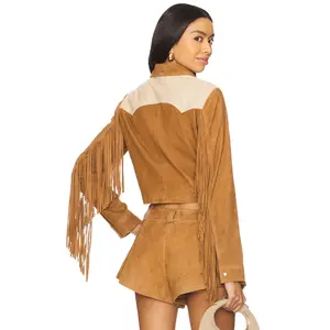 Understated Leather Combo Fringe Jacket in Brown