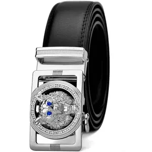 Luxury Men Belts Wolf Head Black Leather 1.38 inch Width Designer Belts for Men,Used for Mens Dress Casual Adjustable Belt