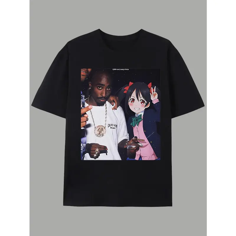Men's Tupac x Anime Girl Mashup Graphic T-Shirt - 100% Cotton, Short-Sleeve, Relaxed Fit, Unisex Round Neck, Bold Edgy Vibe Hip-Hop Crossover Top, S-5XL Street Casual Menswear, Streetwear, Tshirt, Shortsleeve, Casual Fashion Wear, Bold Edgy Style