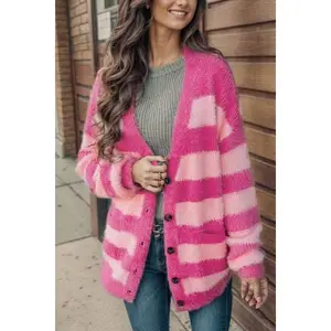 Striped Button Up Fuzzy Cardigan with Pockets
