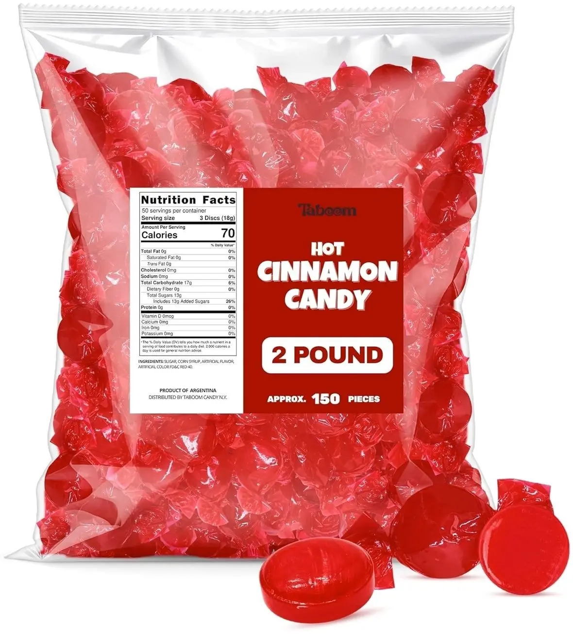 Cinnamon Hard Candy Discs 2 lbs Bulk Pack Christmas Candies - Approx. 150 Individually Wrapped Spicy Cinnamon Flavored Hard Candies for Parties, Offices & Treats