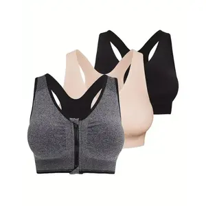 3pcs Plus Size Seamless Wirefree Zip Front Post Surgery Padded Racerback Yoga Sports Bra for Women's Activewear(Sheet)