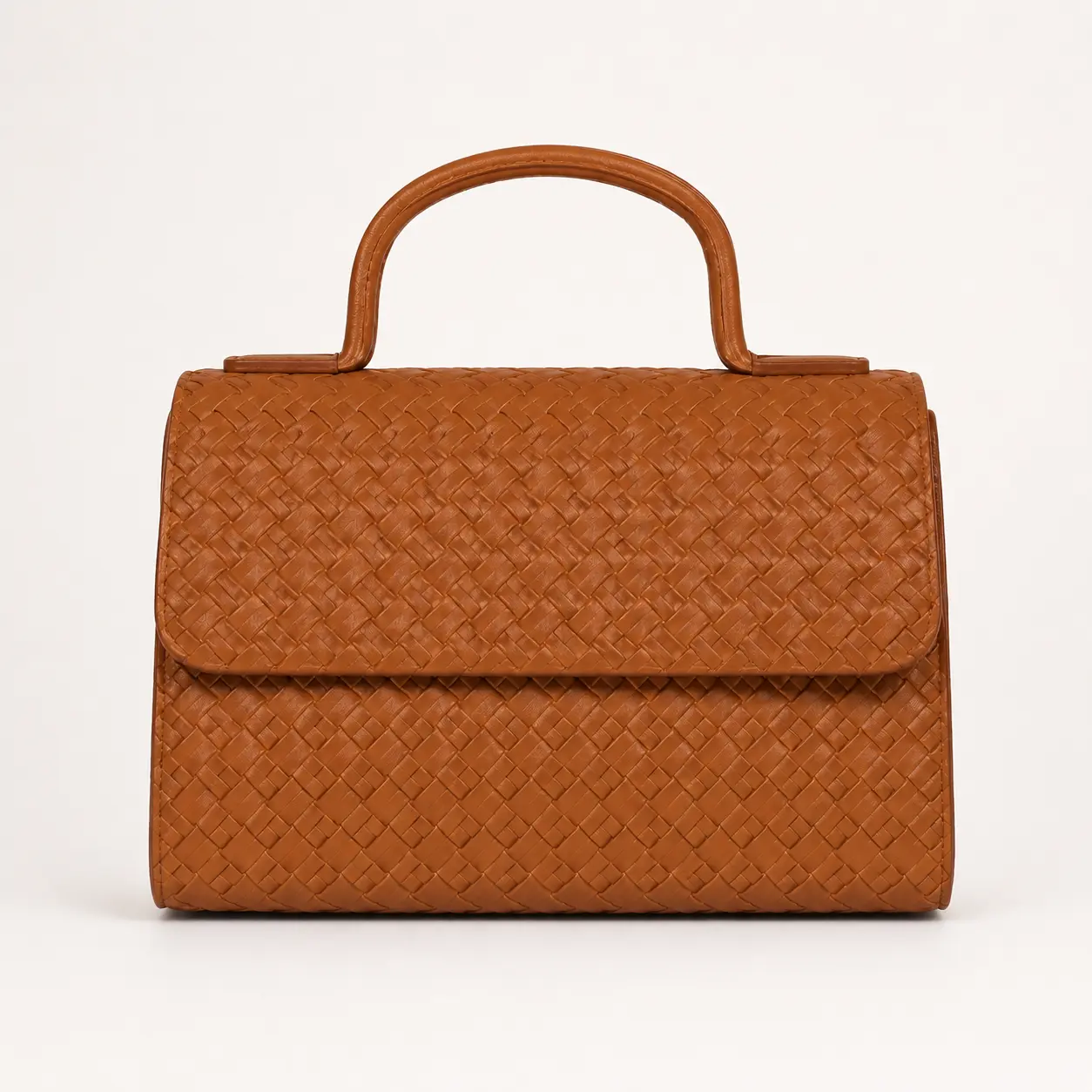 Women's Elegant Woven Top Handle Bag, Small Structured Flap Satchel in Cognac Brown for Work, Brunch and Special Occasions, Business
