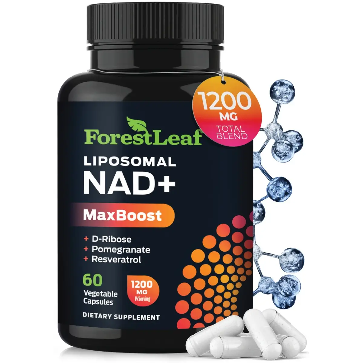 ForestLeaf MaxBoost Liposomal NAD+ Supplement Booster 1200 mg with Resveratrol, D-Ribose and Pomegranate - For Women and Men, NMN Alternative -60 Caps